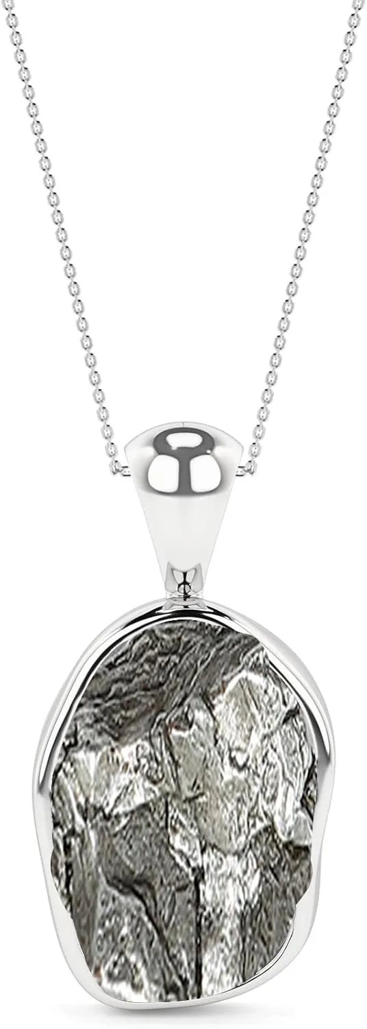 11x7mm Natural Raw Meteorite Pendant Necklace for Women in Sterling Silver, August Birthstone Jewelry Gifts for Her Birthday, Anniversary, Graduation (Bezel-Set)