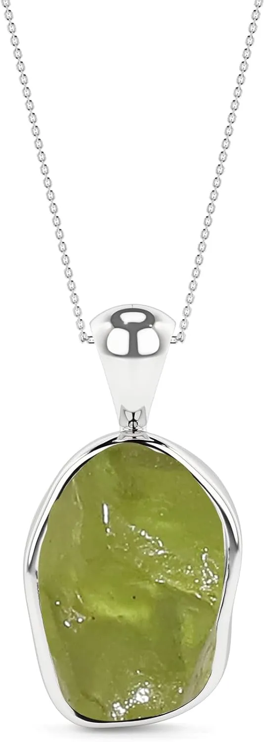 11x7mm Natural Raw Peridot Pendant Necklace for Women in Sterling Silver, August Birthstone Jewelry Gifts for Her Birthday, Anniversary, Graduation (Bezel-Set)