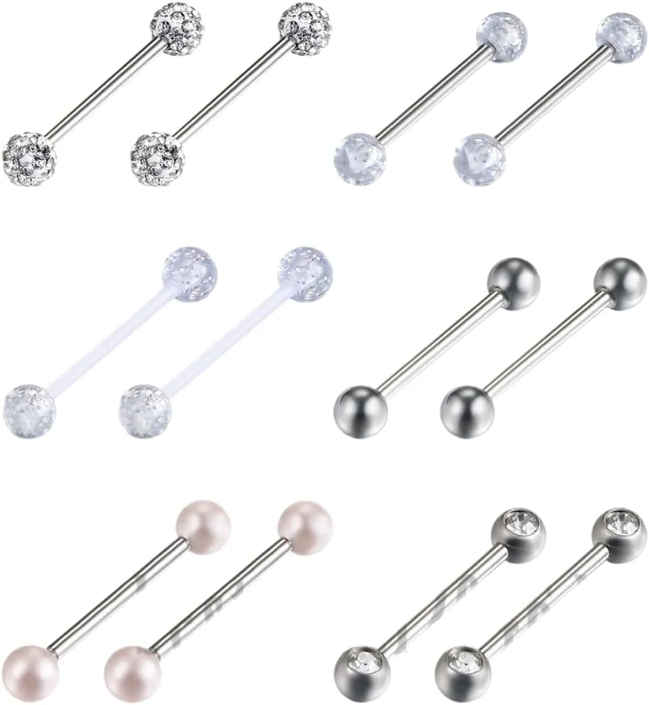 12 PCs Surgical Steel Barbell Tongue Rings Body Piercing 14G 3 4""18mm Unique Delicate Jewelry Accessories, silver