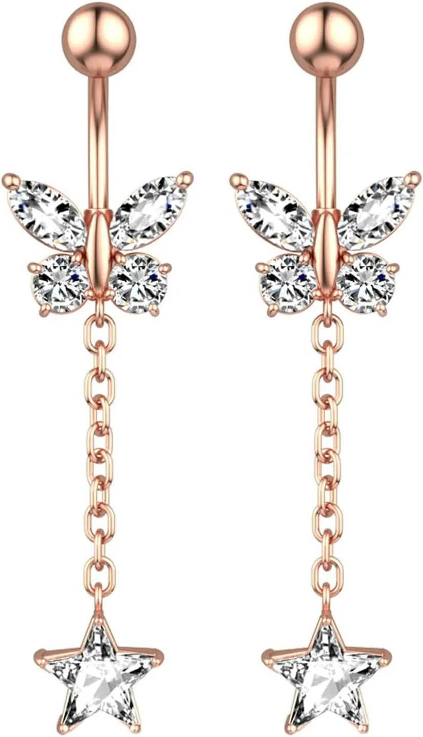 14G Belly Button Rings Stainless Steel Dangle Belly Navel, 2Pcs Navel Ring Unique Cubic Zirconia Long Belly Button Ring Dangling Butterfly