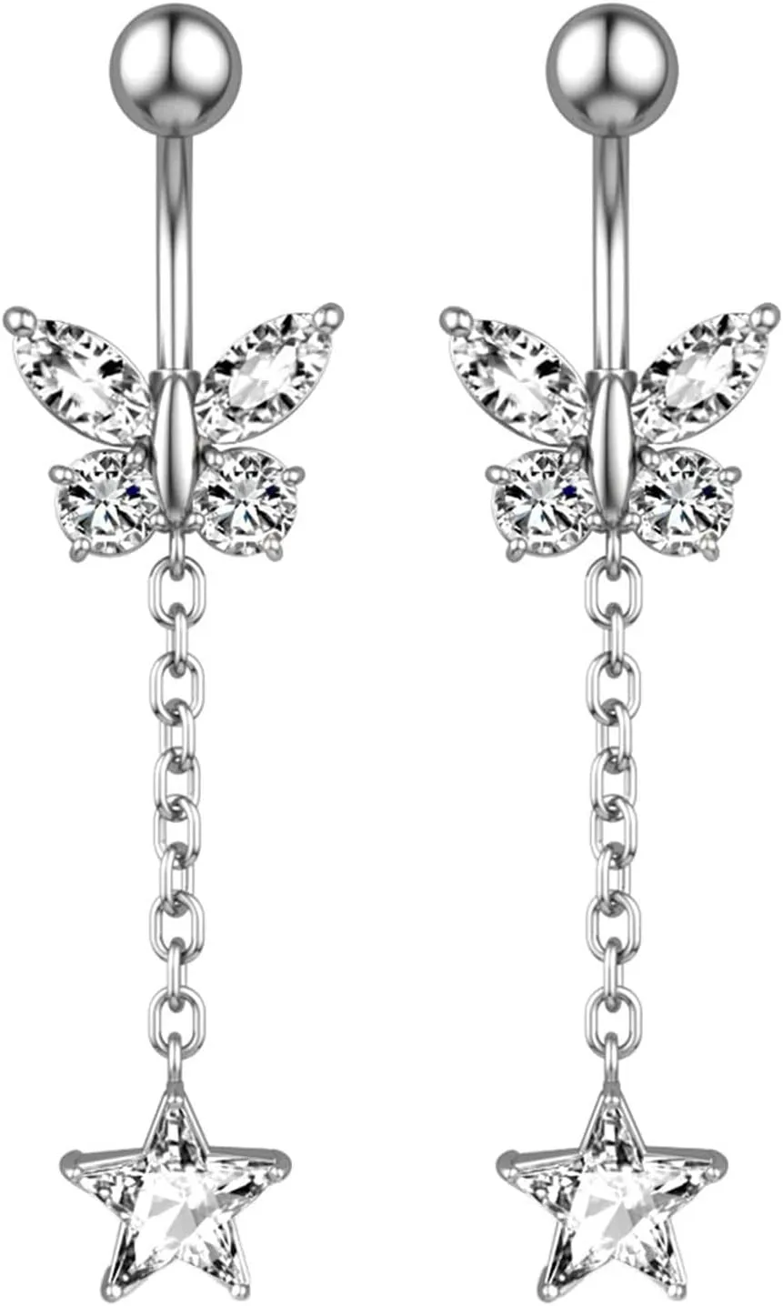 14G Belly Button Rings Stainless Steel Dangle Belly Navel, 2Pcs Navel Ring Unique Cubic Zirconia Long Belly Button Ring Dangling Butterfly