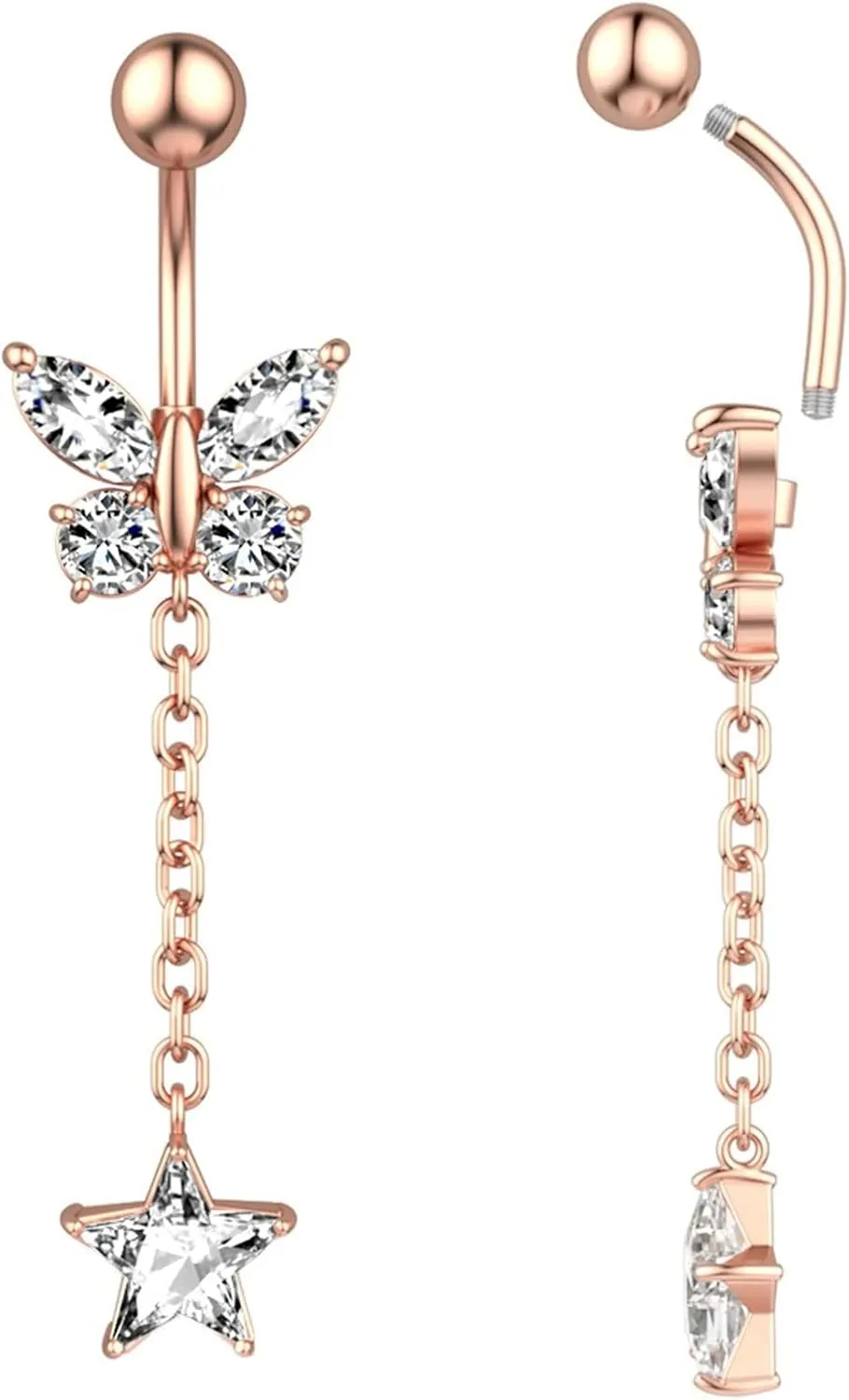 14G Belly Button Rings Stainless Steel Dangle Belly Navel, 2Pcs Navel Ring Unique Cubic Zirconia Long Belly Button Ring Dangling Butterfly