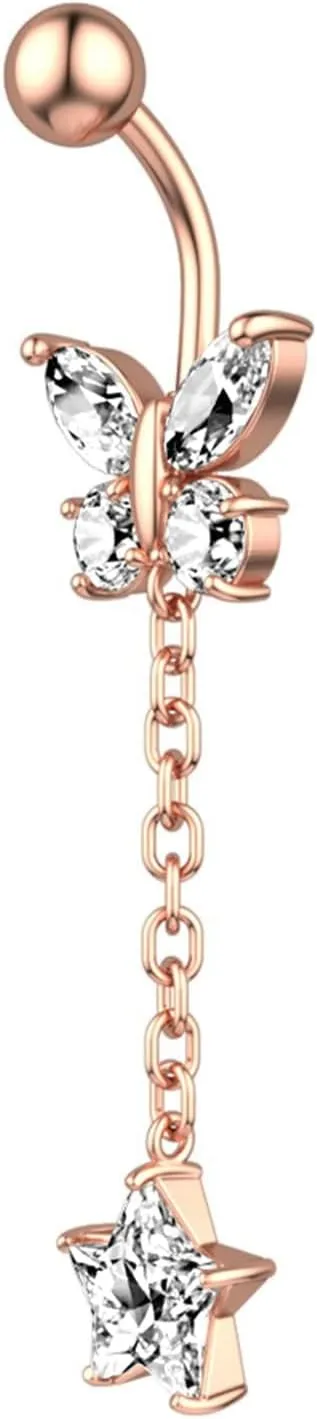 14G Belly Button Rings Stainless Steel Dangle Belly Navel, 2Pcs Navel Ring Unique Cubic Zirconia Long Belly Button Ring Dangling Butterfly