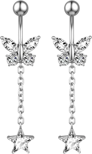 14G Belly Button Rings Stainless Steel Dangle Belly Navel, 2Pcs Navel Ring Unique Cubic Zirconia Long Belly Button Ring Dangling Butterfly