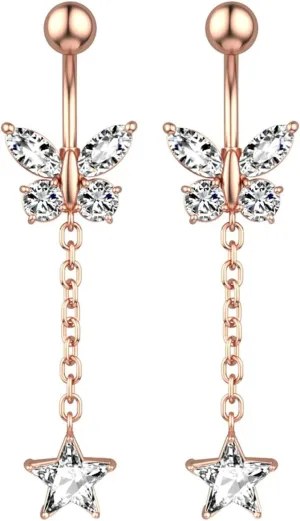 14G Belly Button Rings Stainless Steel Dangle Belly Navel, 2Pcs Navel Ring Unique Cubic Zirconia Long Belly Button Ring Dangling Butterfly