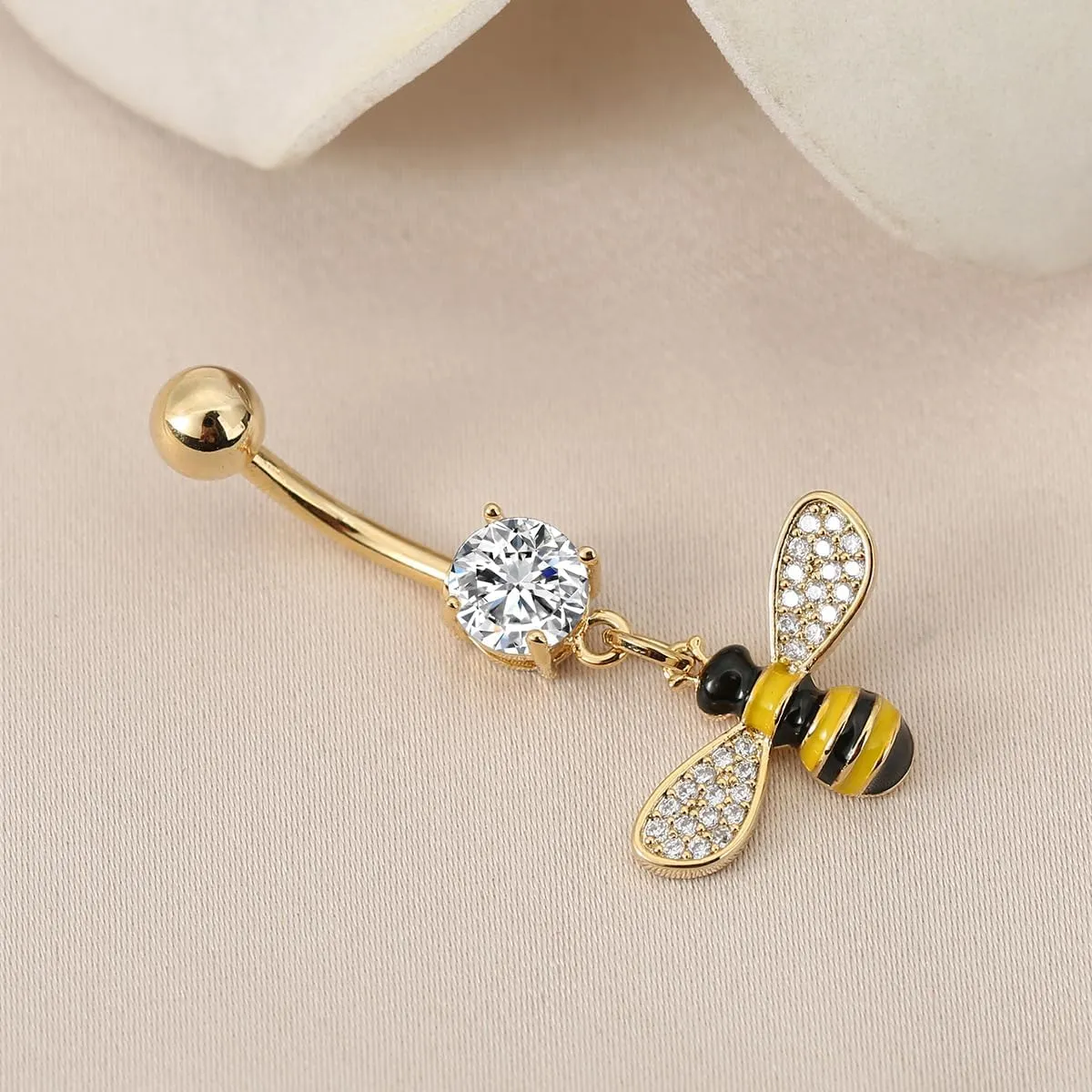 14G Cute Bee Crystal Dangle Navel Ring for Women Stainless Steel Cubic Zirconia Statement Black Yellow Enamel Insect Charm Belly Button Rings Curved Barbell Studs Body Piercing Jewelry Fashion Gifts