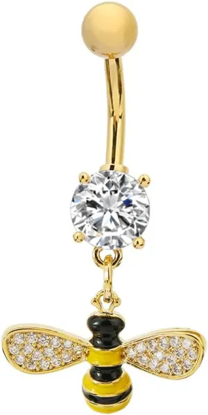 14G Cute Bee Crystal Dangle Navel Ring for Women Stainless Steel Cubic Zirconia Statement Black Yellow Enamel Insect Charm Belly Button Rings Curved Barbell Studs Body Piercing Jewelry Fashion Gifts