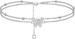 14K Butterfly Silver - Adjustable Layered - Jewelry Anklet Gifts for Women Teen Girls