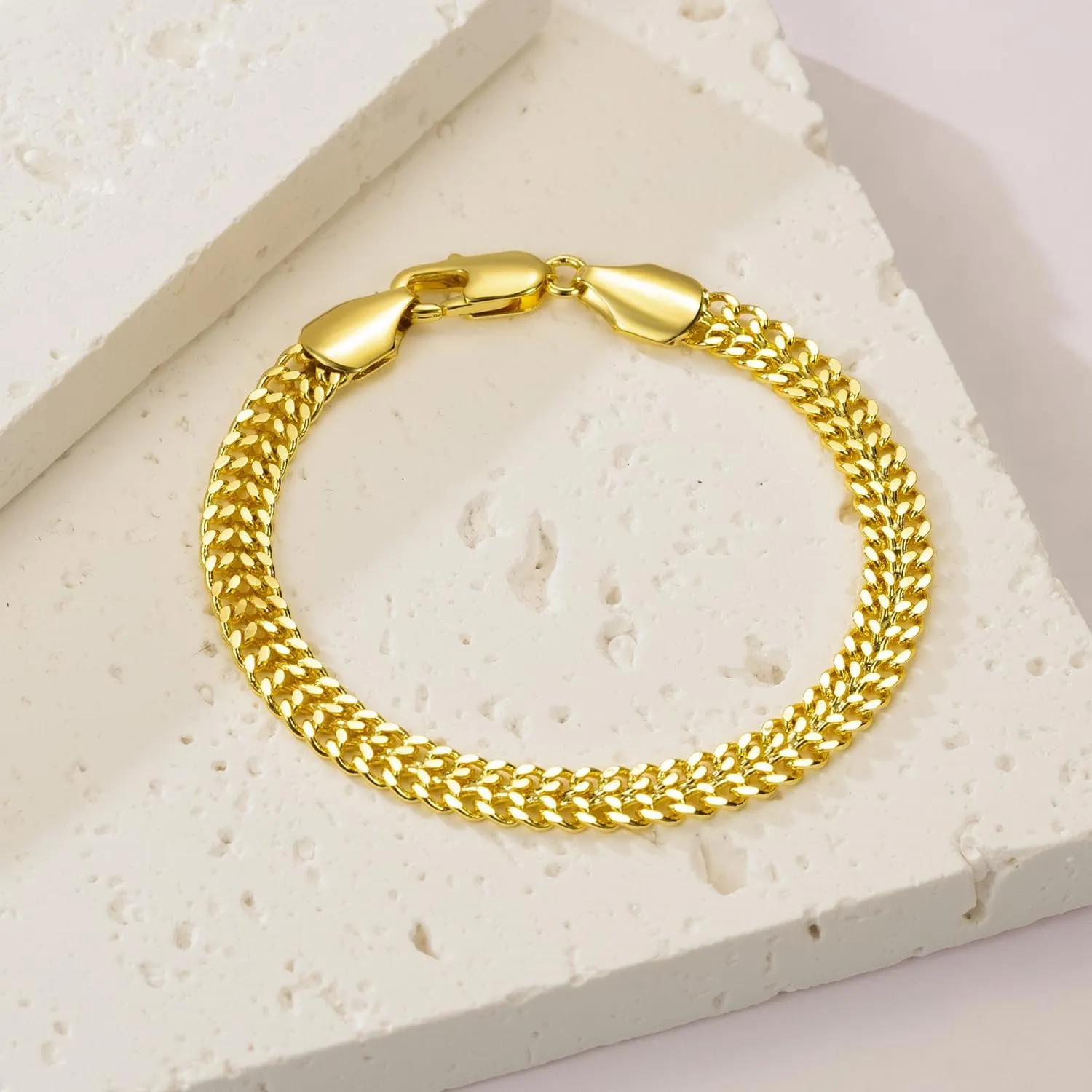 14K Gold Bracelets For Women Men Non Tarnish Gold Cuban Link Chain Dense Double-Row Design Fixed Sizes Mens Charm Bracelet Womens Ideal for Gift Trendy Jewelry 6.5, 7, 7.5, 8, 8.5in