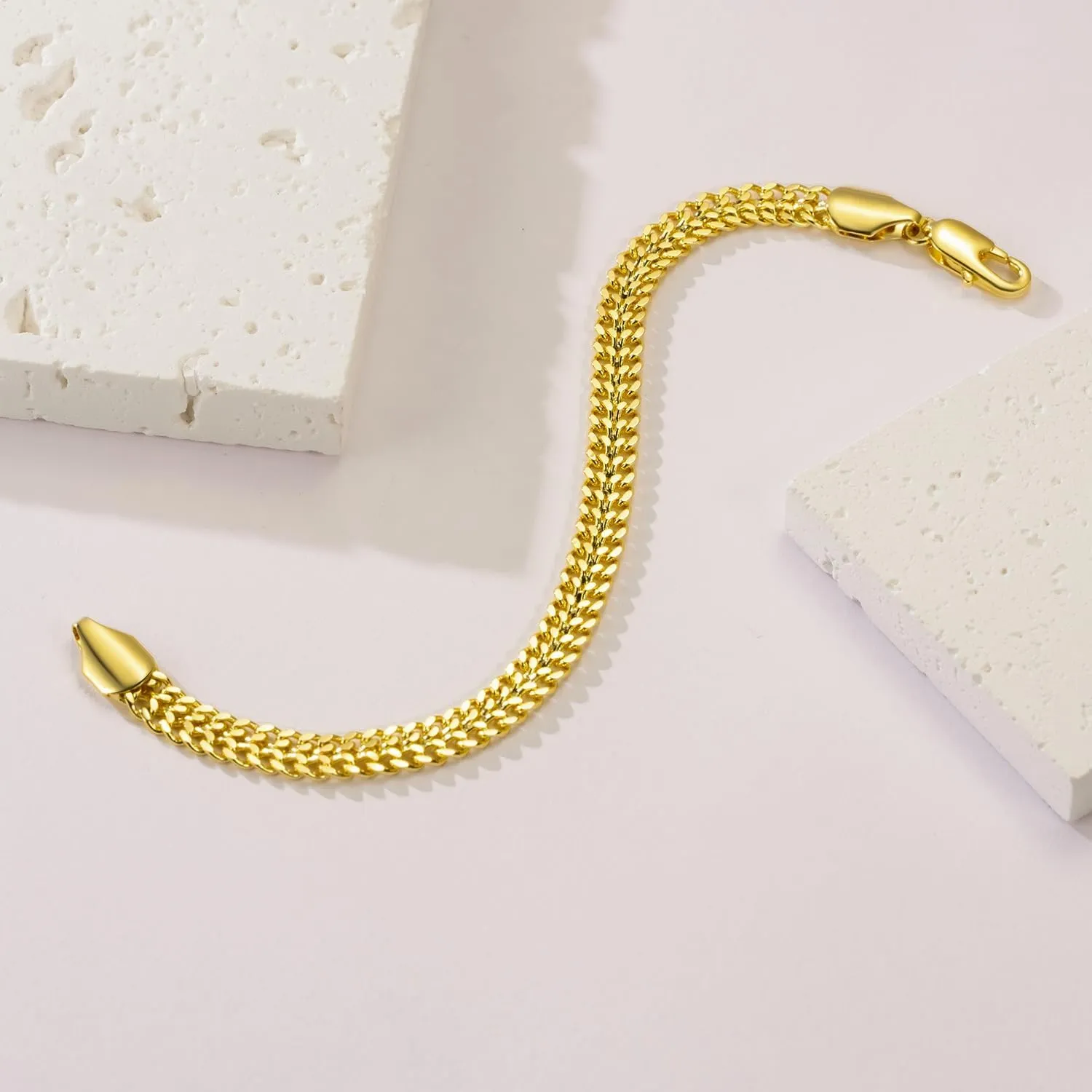14K Gold Bracelets For Women Men Non Tarnish Gold Cuban Link Chain Dense Double-Row Design Fixed Sizes Mens Charm Bracelet Womens Ideal for Gift Trendy Jewelry 6.5, 7, 7.5, 8, 8.5in
