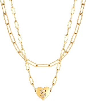 14K Gold Plated Dainty Layered Initial Necklaces for Women,Paperclip Chain Necklace Simple Cute Gold Initial Heart CZ Letter Pendant Adjustable Initial Gold Layering Choker Necklace for Women Jewelry Gifts