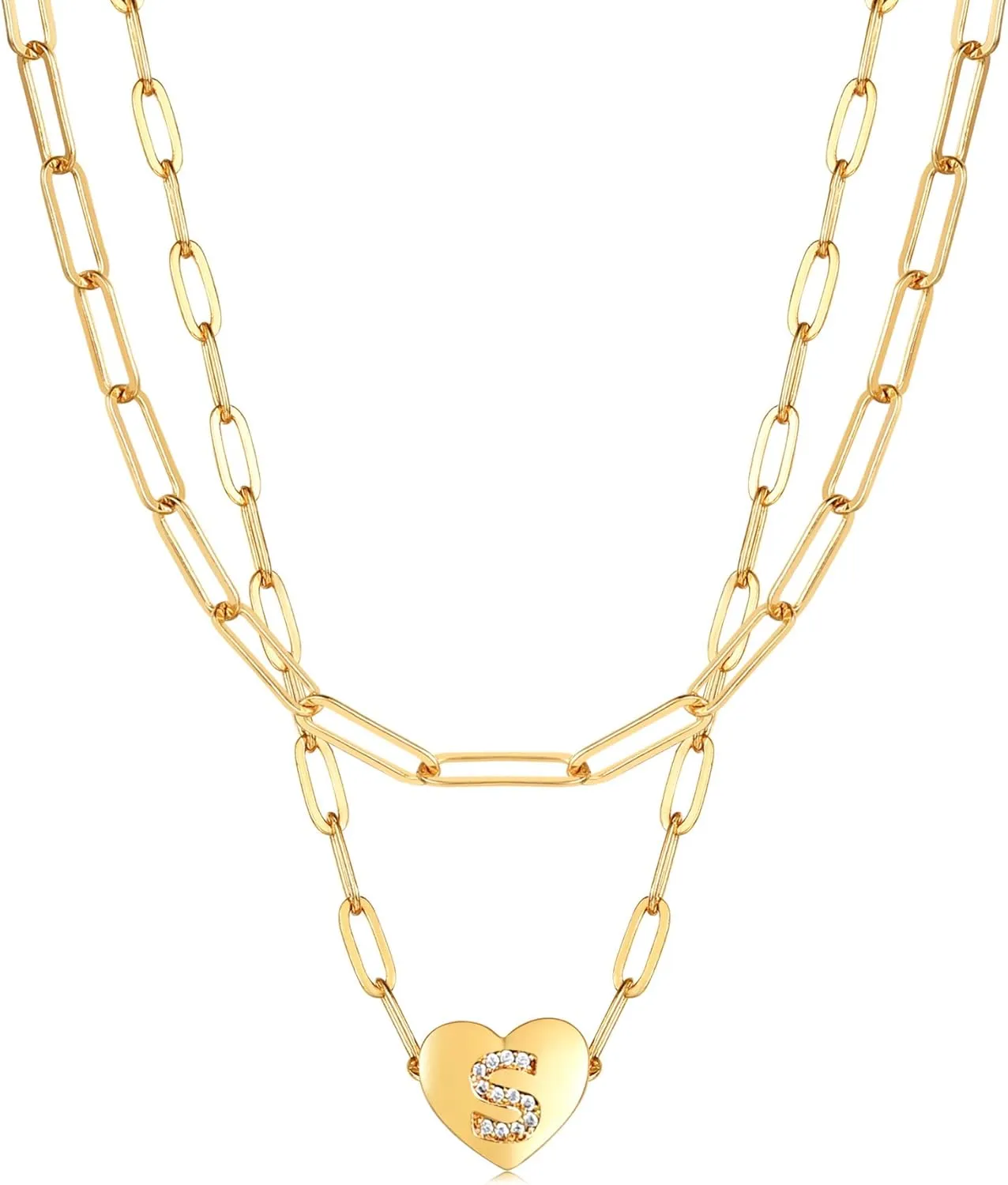 14K Gold Plated Dainty Layered Initial Necklaces for Women,Paperclip Chain Necklace Simple Cute Gold Initial Heart CZ Letter Pendant Adjustable Initial Gold Layering Choker Necklace for Women Jewelry Gifts
