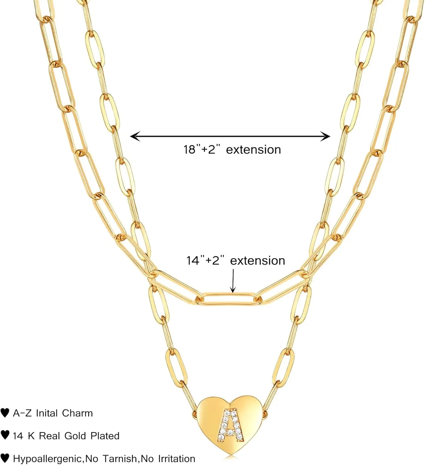 14K Gold Plated Dainty Layered Initial Necklaces for Women,Paperclip Chain Necklace Simple Cute Gold Initial Heart CZ Letter Pendant Adjustable Initial Gold Layering Choker Necklace for Women Jewelry Gifts