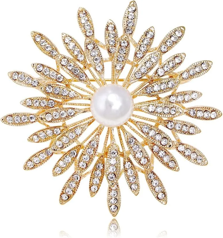 14K Gold Plated Flower Brooch Pin for Women Girls Simulated Pearl Rhinestone Floral Pin Clip Lapel Sweater Scarves Dress Suit Jackets Collar Corsage Brooches Pins Delicate Decoration Jewelry Gifts