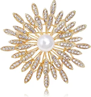 14K Gold Plated Flower Brooch Pin for Women Girls Simulated Pearl Rhinestone Floral Pin Clip Lapel Sweater Scarves Dress Suit Jackets Collar Corsage Brooches Pins Delicate Decoration Jewelry Gifts