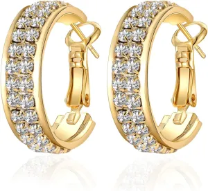 14K Gold Plated Shining Hoop Earrings for Women Luxury Cubic Zirconia Rhinestone Round Full Crystal Huggie Earrings Bright Hypoallergenic Delicate Dainty Birthday Party Gift Jewelry
