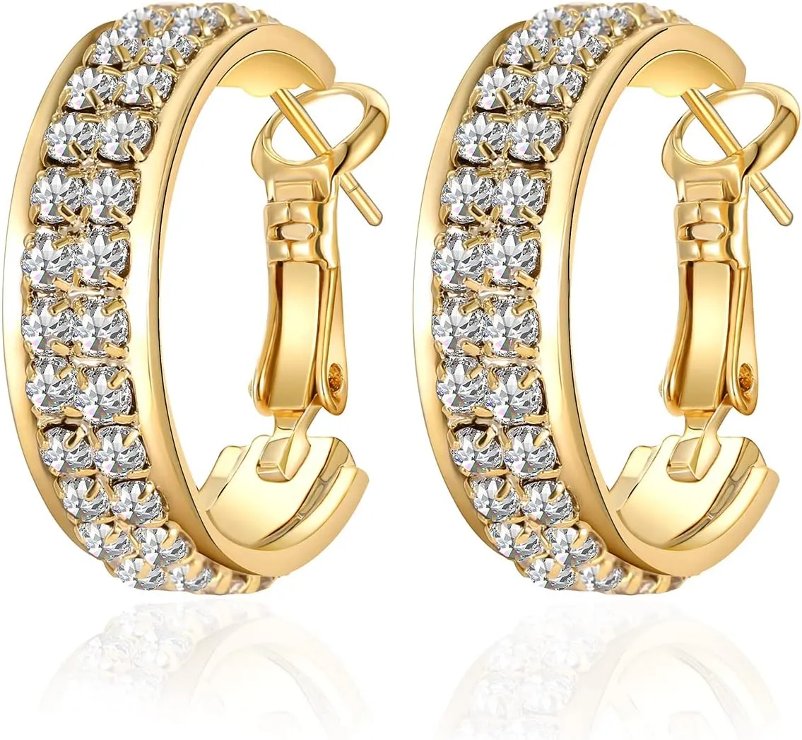 14K Gold Plated Shining Hoop Earrings for Women Luxury Cubic Zirconia Rhinestone Round Full Crystal Huggie Earrings Bright Hypoallergenic Delicate Dainty Birthday Party Gift Jewelry