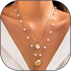 14K Gold Starfish Sea Shell Layered Necklaces, Dainty Bohemian Pearls Chain Choker Necklace Set, Stackable Jewelry Gifts for Women