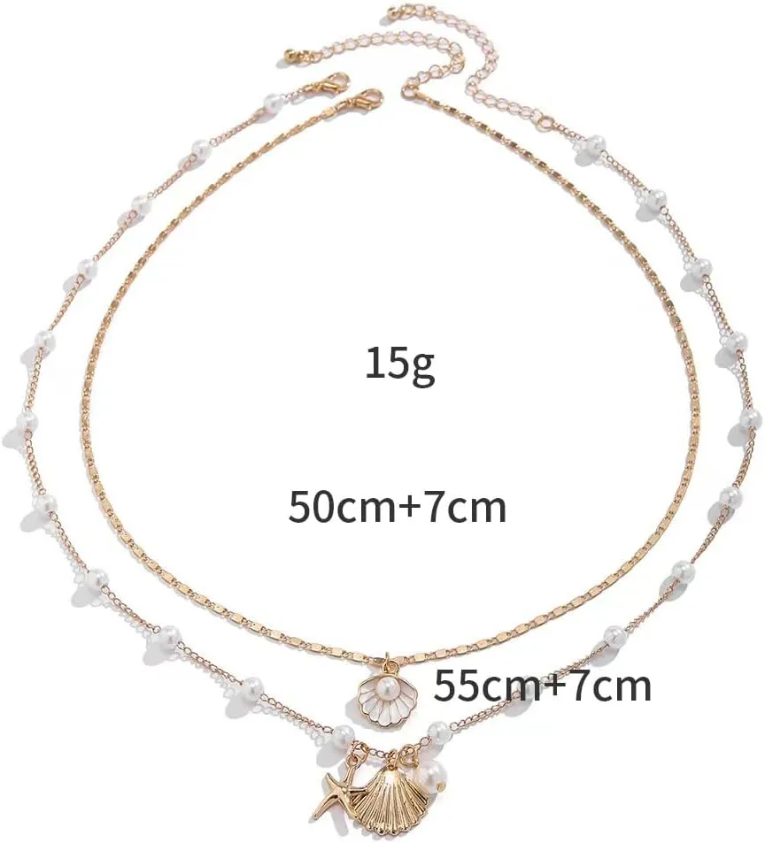 14K Gold Starfish Sea Shell Layered Necklaces, Dainty Bohemian Pearls Chain Choker Necklace Set, Stackable Jewelry Gifts for Women