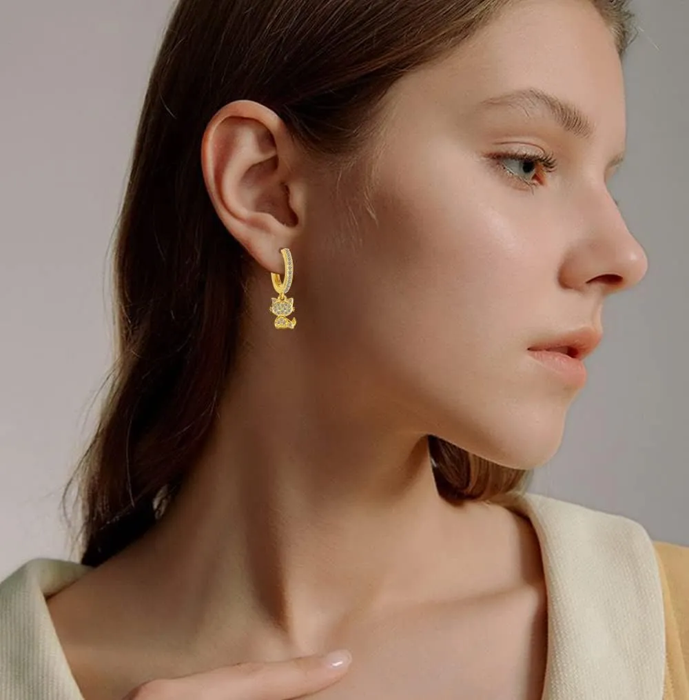 14K Golden Plated Cute Cat Dangle Small Hoop Earrings for Women Teen Girls Cubic Zirconia Honeybee Bee Mermaid Fish Tail Pet Cat Charm Drop Huggie Hoops Cartilage Earring Delicate Jewelry Gifts Christmas Birthday