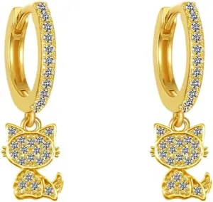 14K Golden Plated Cute Cat Dangle Small Hoop Earrings for Women Teen Girls Cubic Zirconia Honeybee Bee Mermaid Fish Tail Pet Cat Charm Drop Huggie Hoops Cartilage Earring Delicate Jewelry Gifts Christmas Birthday
