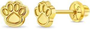 14k Yellow Gold Girls Polished Dog Paw Screw Back Earrings - Young Girls Tiny Animal Paw Earrings For Special Birthday - Sweet & Playful Dog Earrings For Children