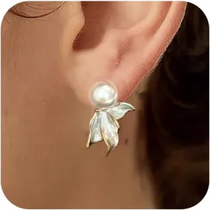 18K Gold Plated Pearl Stud Earrings, Dainty White Pearl Mermaid Tail Earrings, Elegant Inspired Jewelry Great Gift for Women