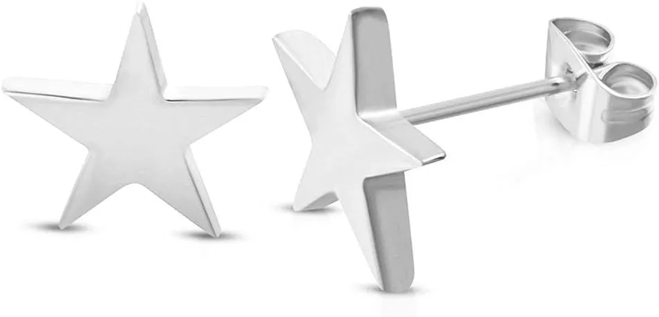 2 Pairs Silver Black Star Stud Earrings Set for Men Women Stainless Steel Star Stud Earrings Jewelry