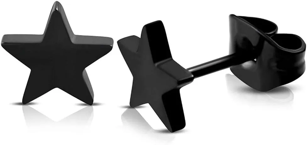 2 Pairs Silver Black Star Stud Earrings Set for Men Women Stainless Steel Star Stud Earrings Jewelry