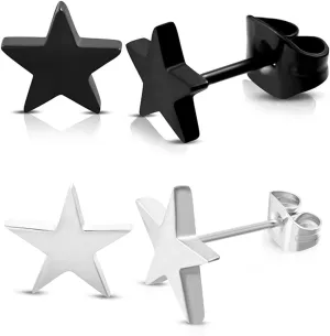 2 Pairs Silver Black Star Stud Earrings Set for Men Women Stainless Steel Star Stud Earrings Jewelry