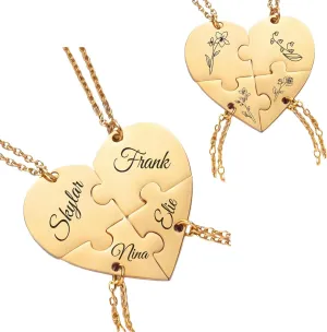 2/3/4 Custom Heart Puzzle Necklace,Jewelry Necklace Set for Couples Family Best Friends,Matching Heart Engraved Name Personalized Birthday Flower Necklaces,Gifts for Birthday Mothers Day Christmas Anniversary