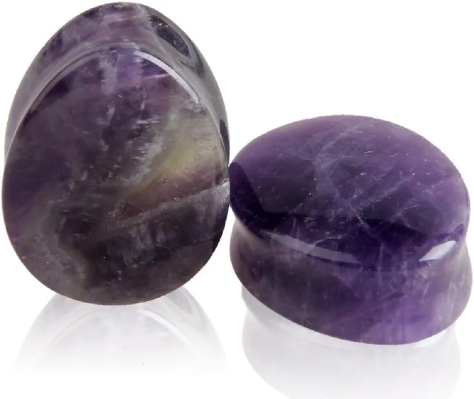 2Pairs Opalite Moon Stone Amethyst Ear Gauges Plugs Tunnels Expanders Stretcher Natural Organic Stone Double Flared Piercing Body Jewelry