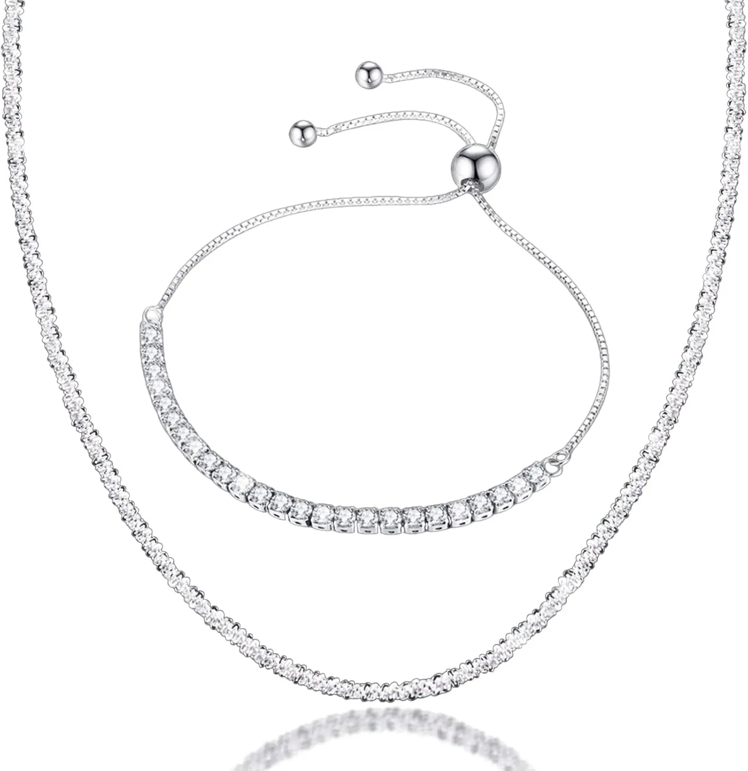2pcs Tennis Silver Bracelet and Necklace Plated Platinum Diamond Delicate Adjustable Slider Bracelet Necklace Delicate Silver Necklace Choker Sparkle Jewelry Fashion Set for Women
