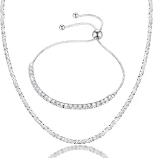 2pcs Tennis Silver Bracelet and Necklace Plated Platinum Diamond Delicate Adjustable Slider Bracelet Necklace Delicate Silver Necklace Choker Sparkle Jewelry Fashion Set for Women