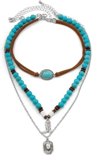 3 PCS Layered Bohemian Turquoise Layered Necklaces for Women Vintage Punk Cowgirl Cowboy Pendant Choker Chain Necklace Jewelry for Women