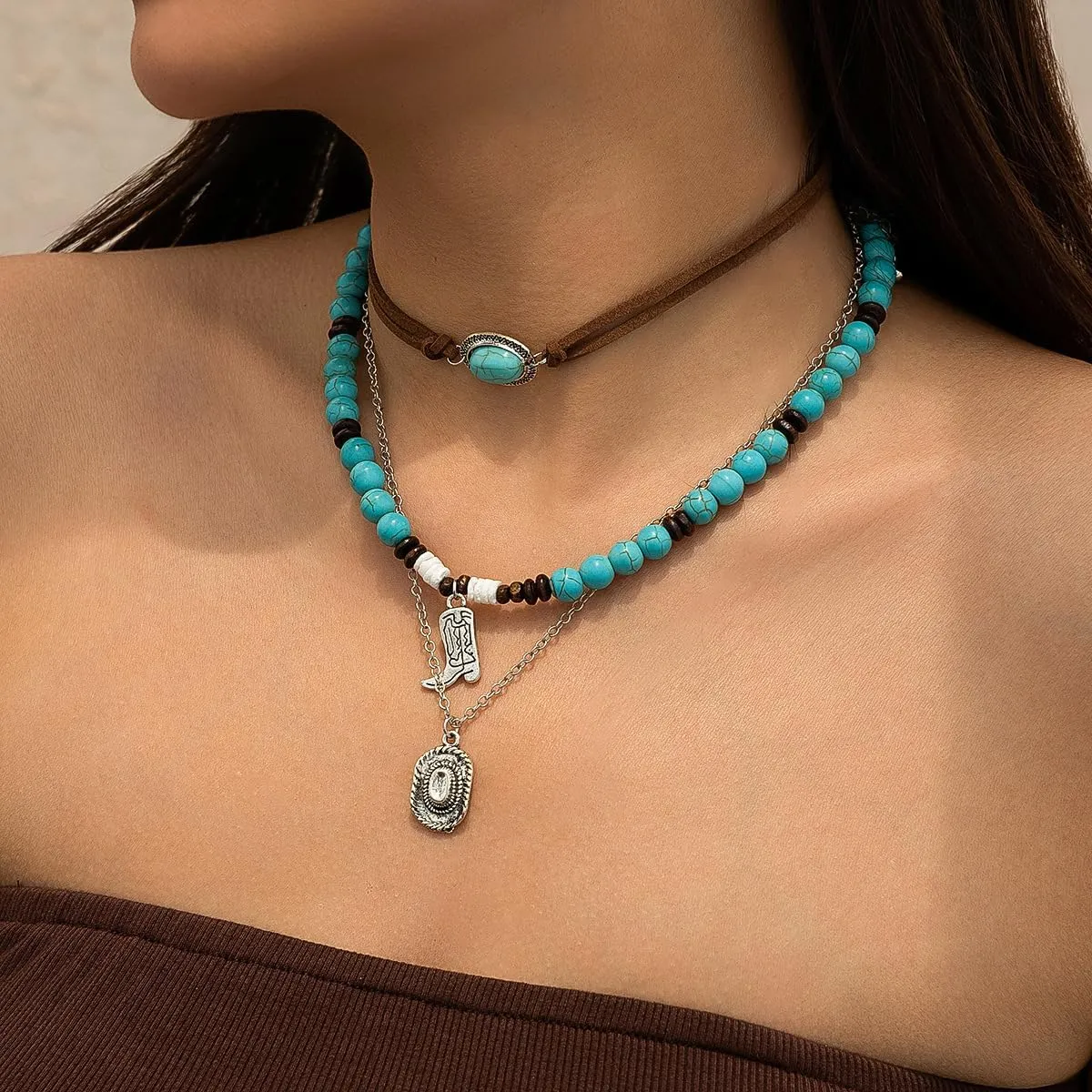 3 PCS Layered Bohemian Turquoise Layered Necklaces for Women Vintage Punk Cowgirl Cowboy Pendant Choker Chain Necklace Jewelry for Women