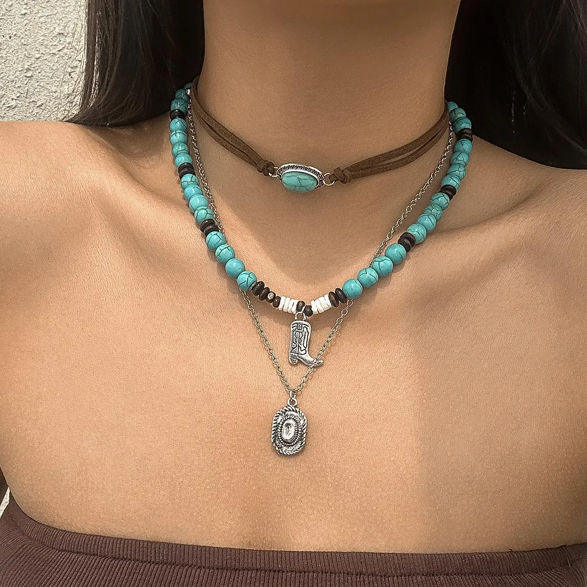 3 PCS Layered Bohemian Turquoise Layered Necklaces for Women Vintage Punk Cowgirl Cowboy Pendant Choker Chain Necklace Jewelry for Women