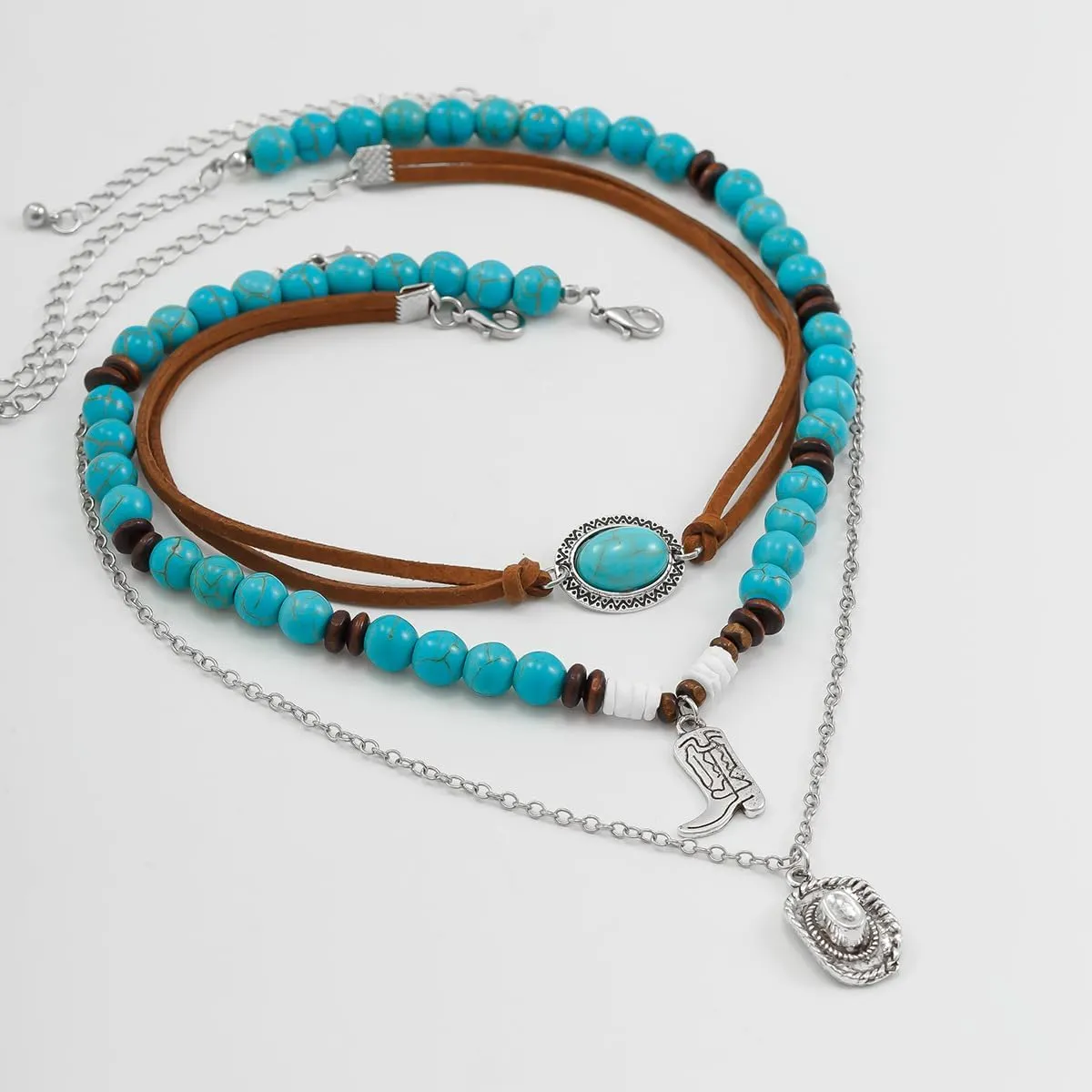3 PCS Layered Bohemian Turquoise Layered Necklaces for Women Vintage Punk Cowgirl Cowboy Pendant Choker Chain Necklace Jewelry for Women