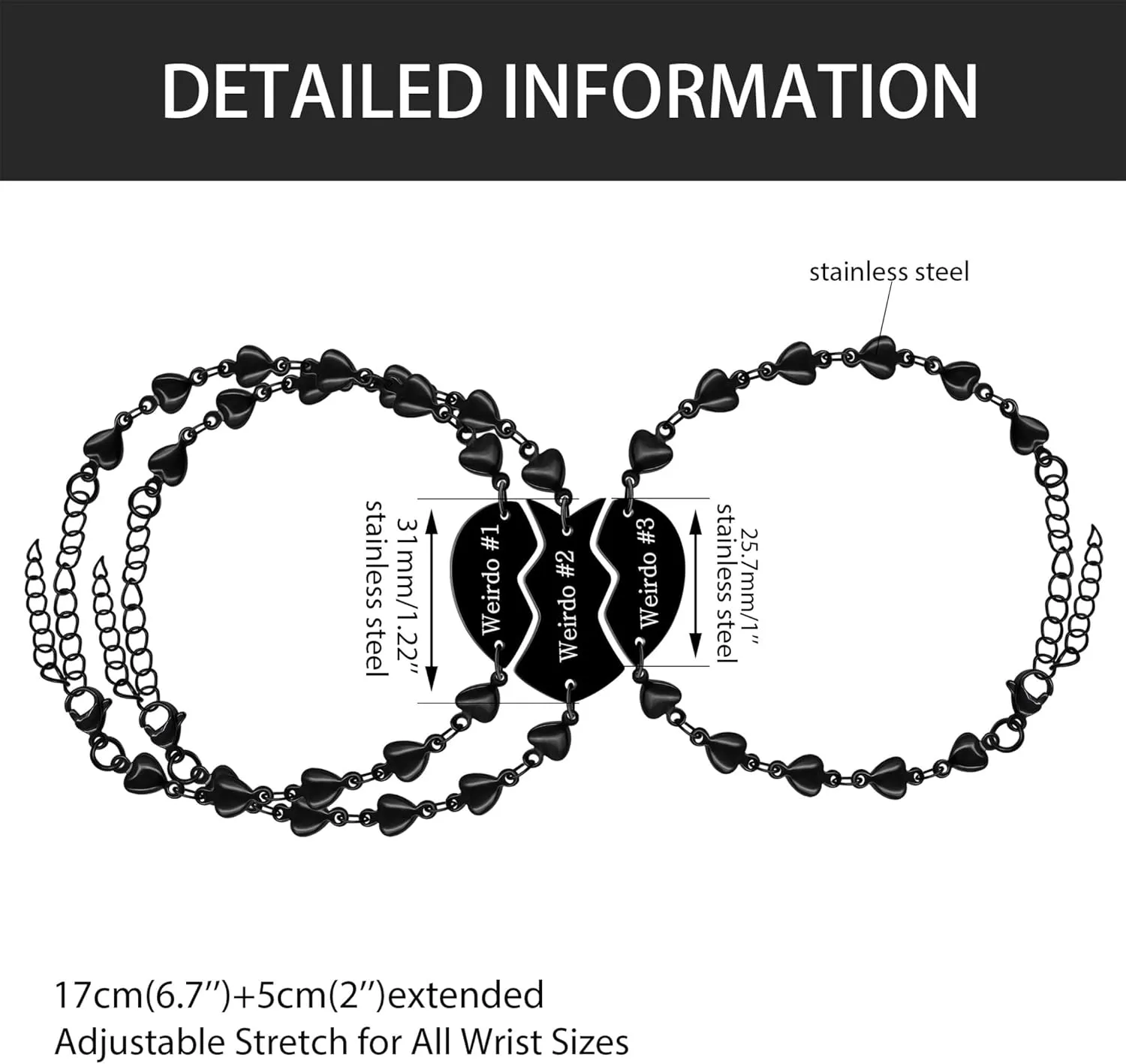 3pc Puzzle Heart Pieces Bracelets for Women Adjustable Stainless Steel Black Heart Link Bracelet for Sisters Friend Family Friendship Gifts YA4838