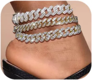 3PCS Gold Silver Ankle Bracelets for Women Clustered Tennis Anklets Bracelet Layered Link Anklet Set Bling Rhinestone Fashion Jewelry for Women Set