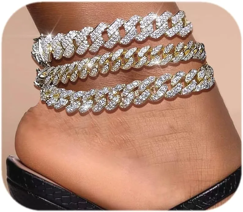 3PCS Gold Silver Ankle Bracelets for Women Clustered Tennis Anklets Bracelet Layered Link Anklet Set Bling Rhinestone Fashion Jewelry for Women Set