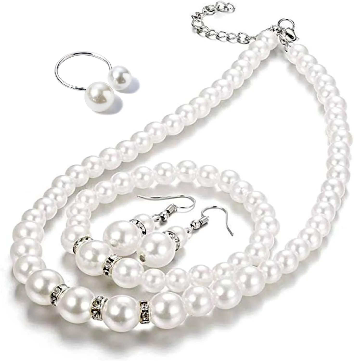 4 Pcs Pearl Jewelry Set 1920s Costume Jewelry Necklaces Pearl Hoop Earring Bracelet Ring for Women Wedding Jewelry Sets