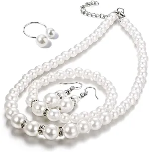 4 Pcs Pearl Jewelry Set 1920s Costume Jewelry Necklaces Pearl Hoop Earring Bracelet Ring for Women Wedding Jewelry Sets