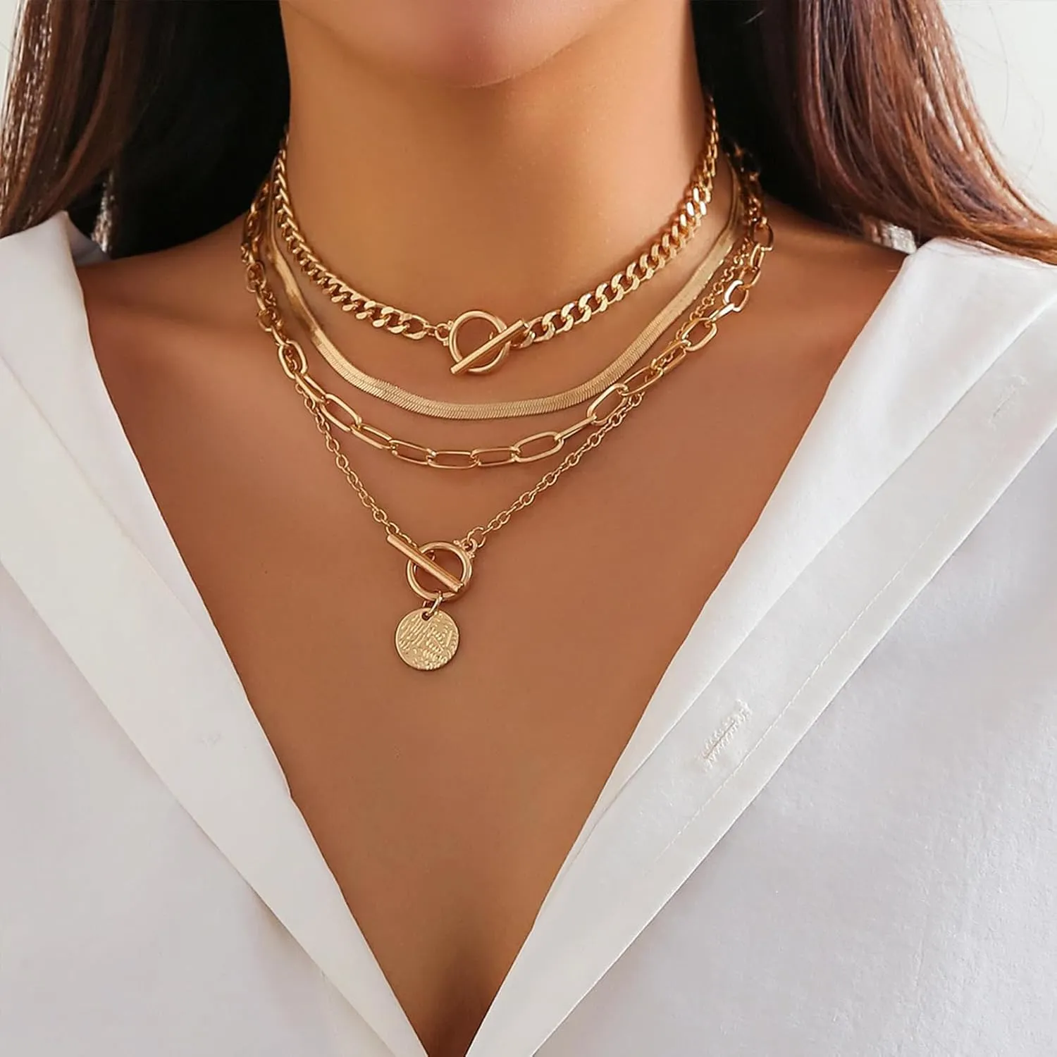 4Pcs Layered Gold Necklaces for Women Chunky Gold Necklace Toggle Clasp Necklace Paperclip Chain Necklace Retro Cuban Chain Necklace Coin Medallion Pendant Necklace Gold Herringbone Necklace Jewelry