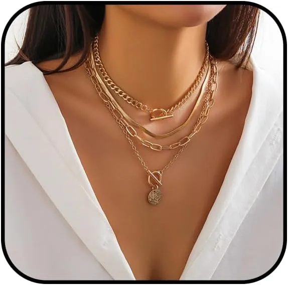 4Pcs Layered Gold Necklaces for Women Chunky Gold Necklace Toggle Clasp Necklace Paperclip Chain Necklace Retro Cuban Chain Necklace Coin Medallion Pendant Necklace Gold Herringbone Necklace Jewelry