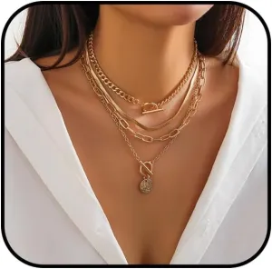 4Pcs Layered Gold Necklaces for Women Chunky Gold Necklace Toggle Clasp Necklace Paperclip Chain Necklace Retro Cuban Chain Necklace Coin Medallion Pendant Necklace Gold Herringbone Necklace Jewelry