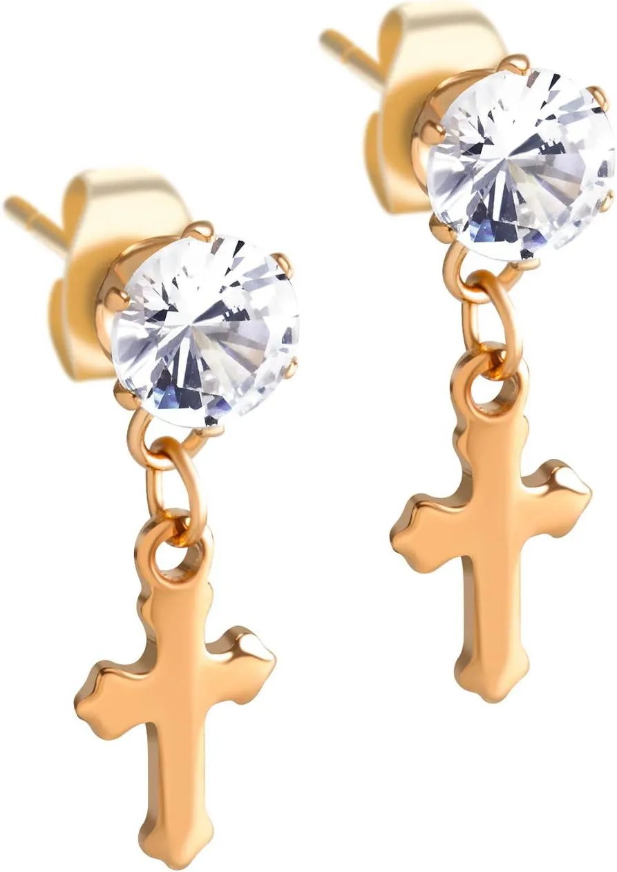 555Jewelry Delicate Small Sparkly Dangling Cross Stud Earrings for Women & Ladies