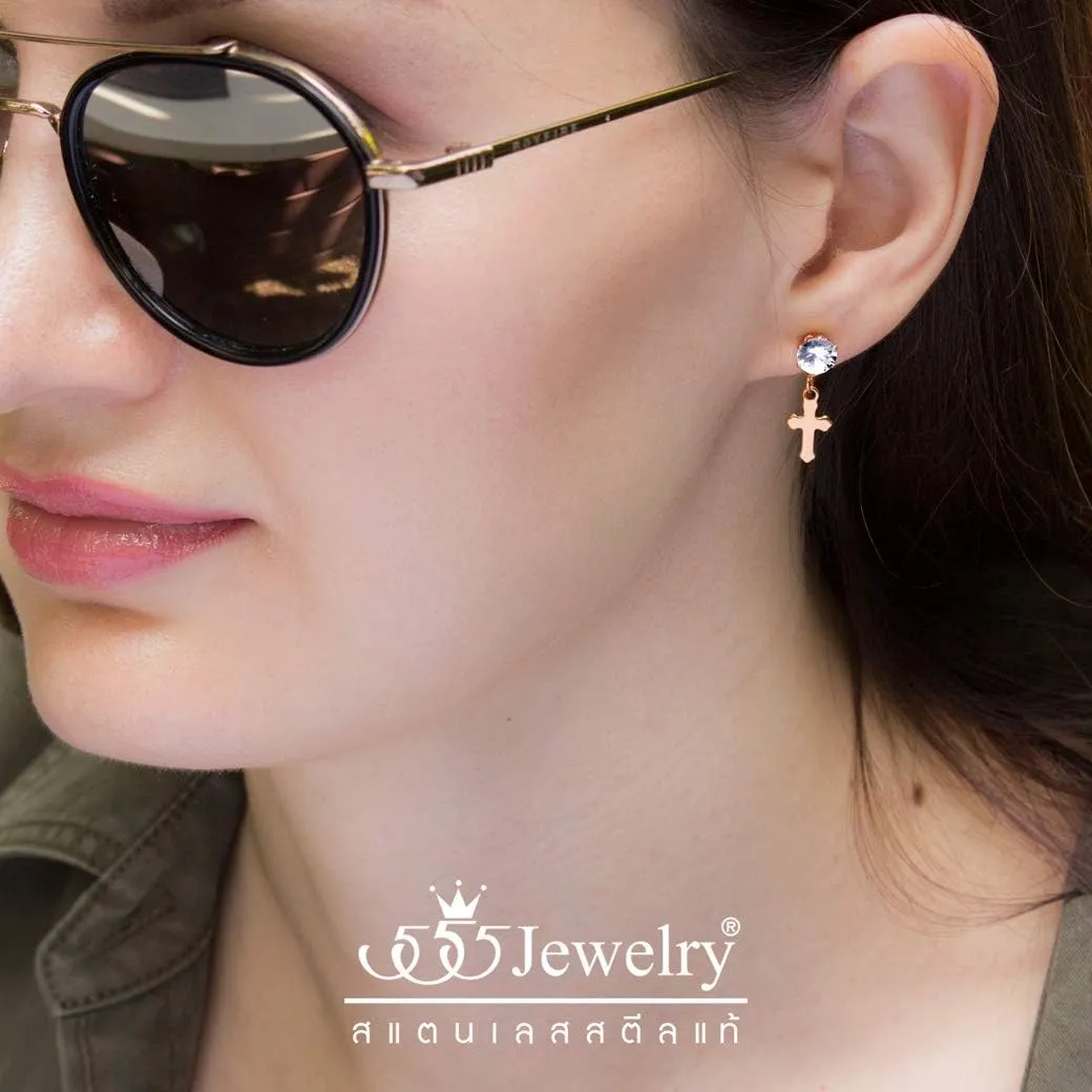 555Jewelry Delicate Small Sparkly Dangling Cross Stud Earrings for Women & Ladies