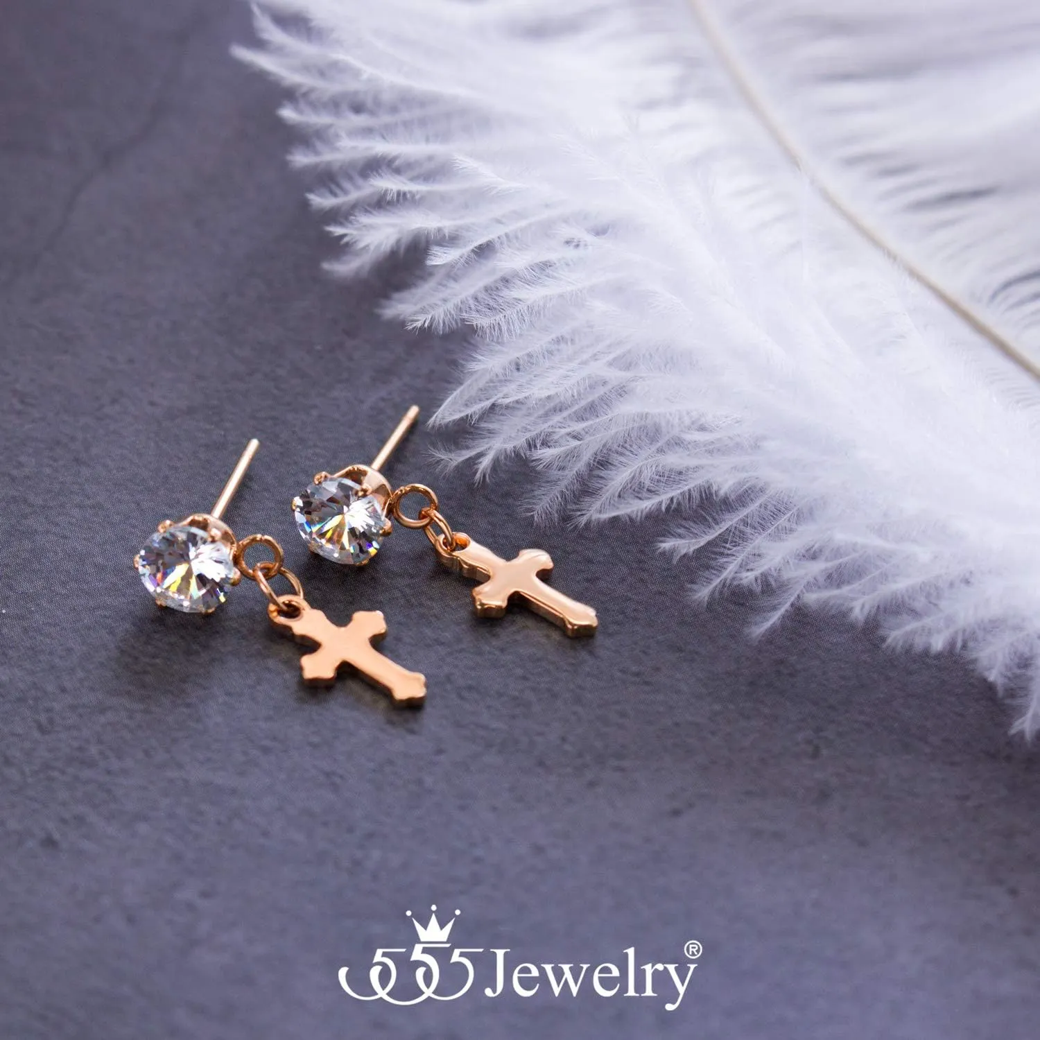 555Jewelry Delicate Small Sparkly Dangling Cross Stud Earrings for Women & Ladies