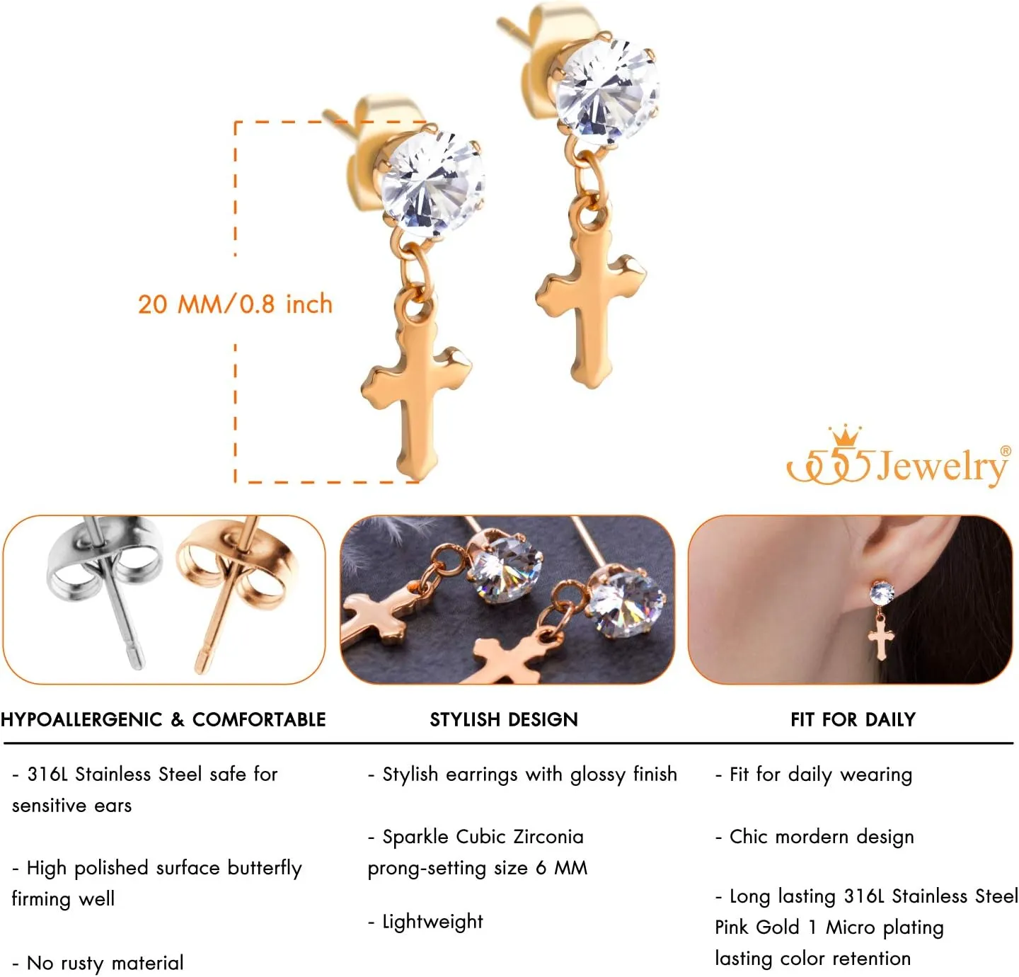555Jewelry Delicate Small Sparkly Dangling Cross Stud Earrings for Women & Ladies